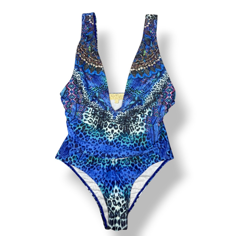 True Colours La Moda One Piece Swimsuit Leopard Print Rhinestones Deep V-Neck